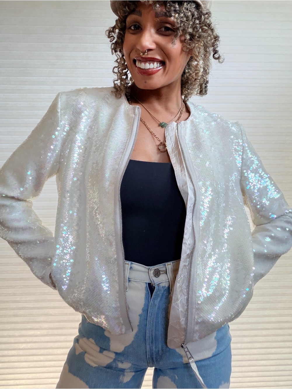 Elie Tahari Ivory Iridescent Sequin Evening Jacket Opalescent Zip Blazer